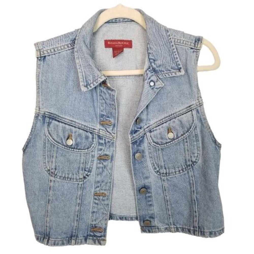 Banana Republic Womens Cropped Denim Vest Size M Western Cowgirl Light Wash